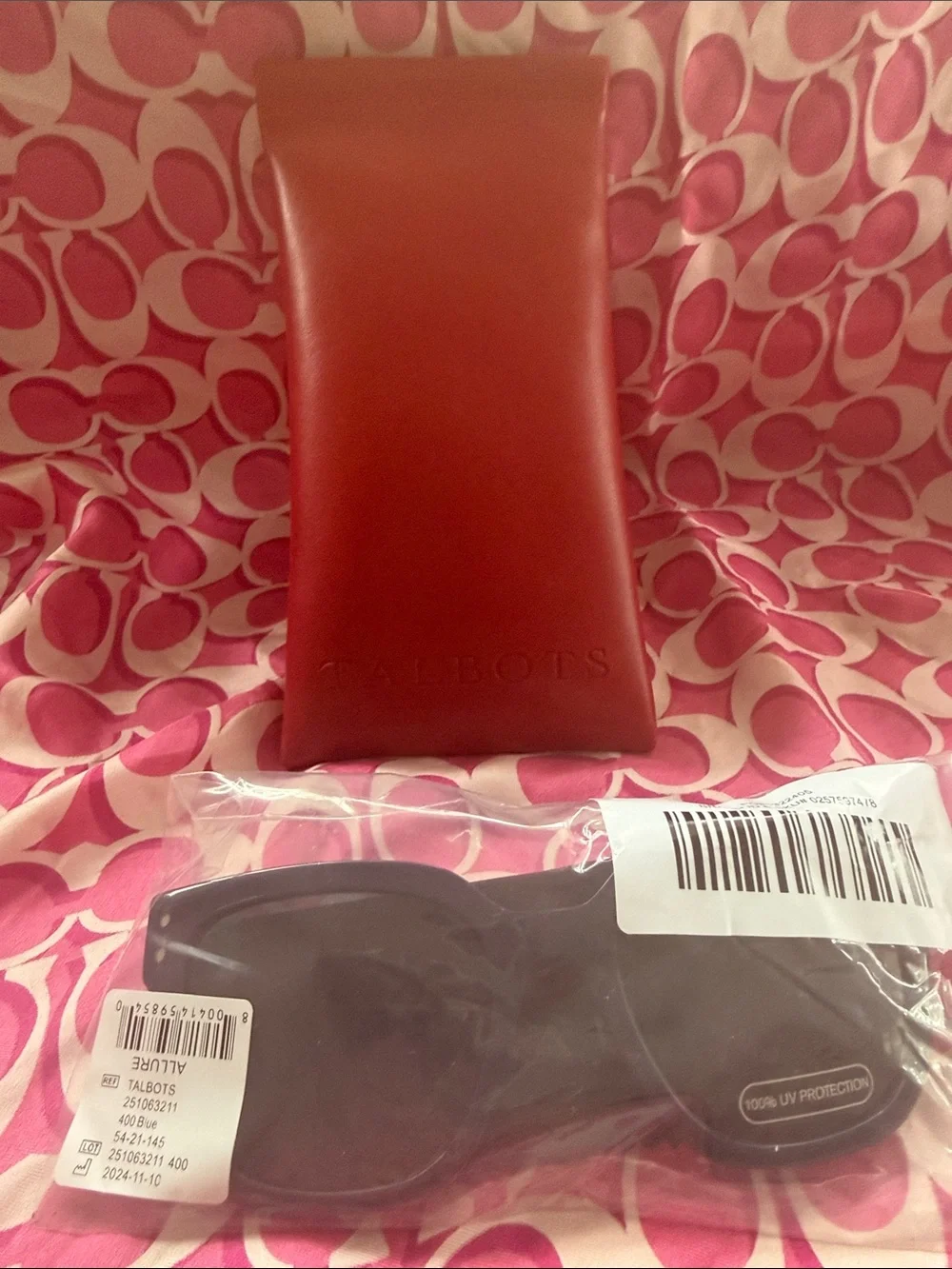 Talbots Red Leather Sunglasses Case with Black Sunglasses in Packaging